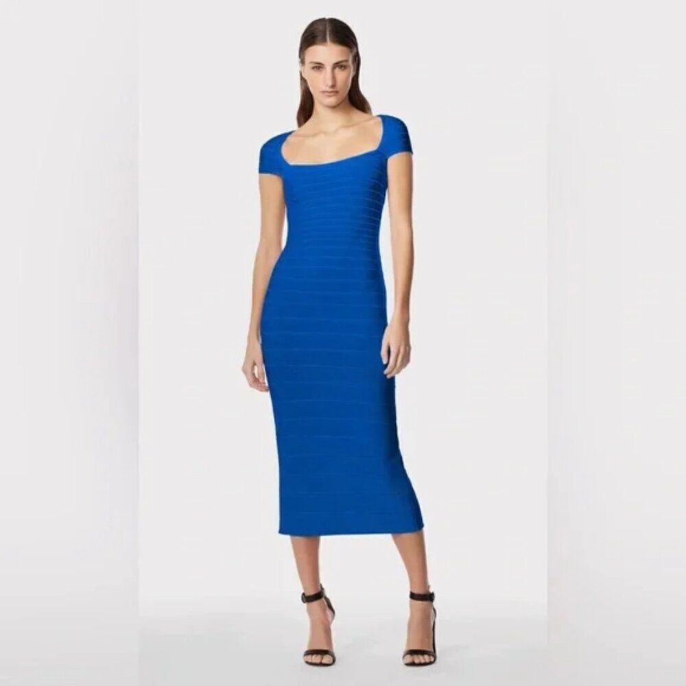 NWT Herve Leger Paris bright royal blue bandage Bodycon cap sleeve midi dress